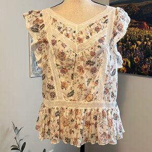 Floral Lace-Trim Sleeveless Peplum Top - White/Cream